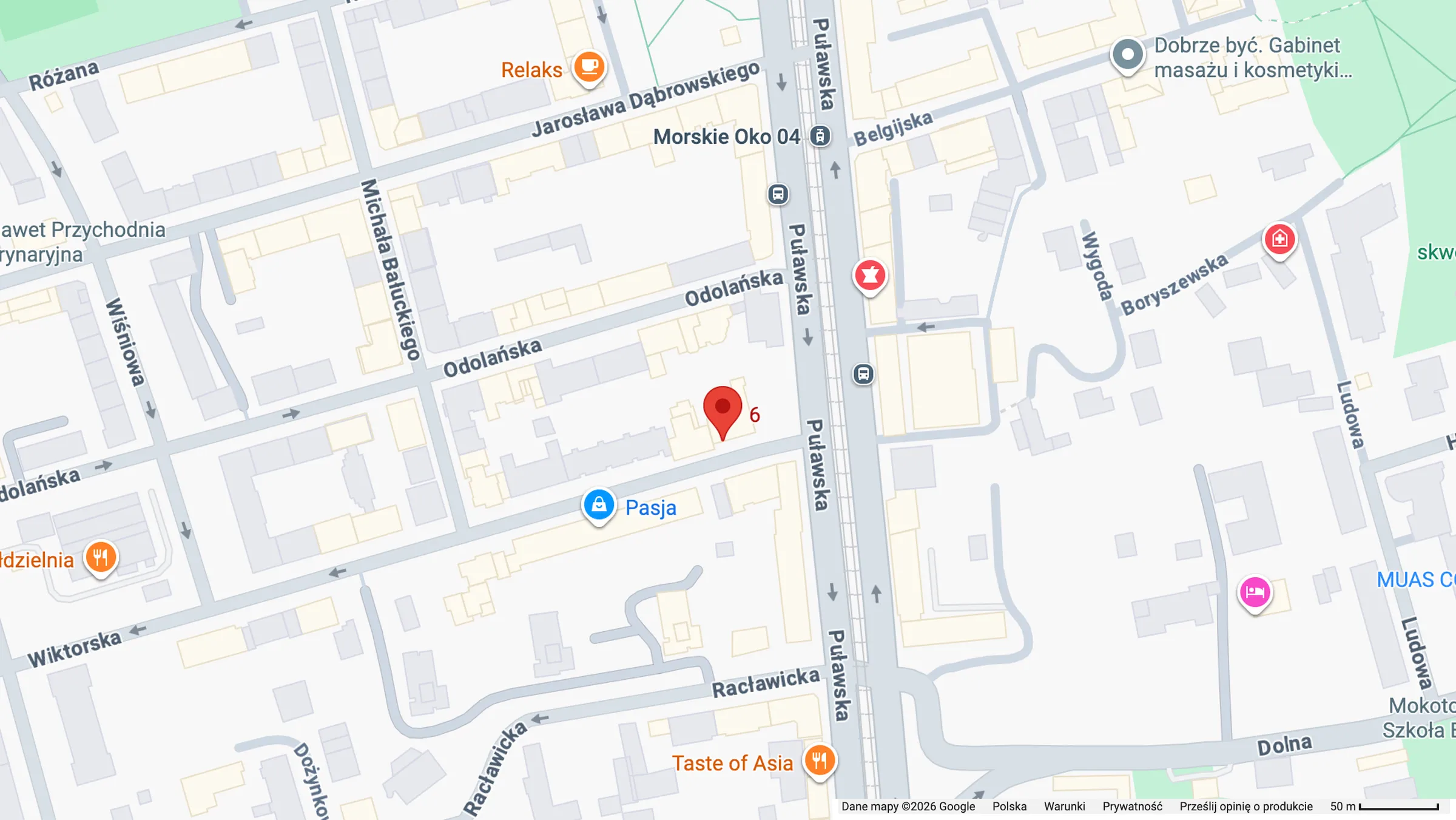 Mapa okolicy gabinetu przy ulicy Wiktorskiej 6 na Mokotowie w Warszawie